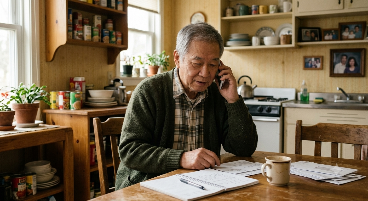 소박한 가정집에서 홀로 사는 할아버지가 진지한 표정으로 휴대폰을 사용하여 전화 상담을 하고 있는 모습의 사진입니다.