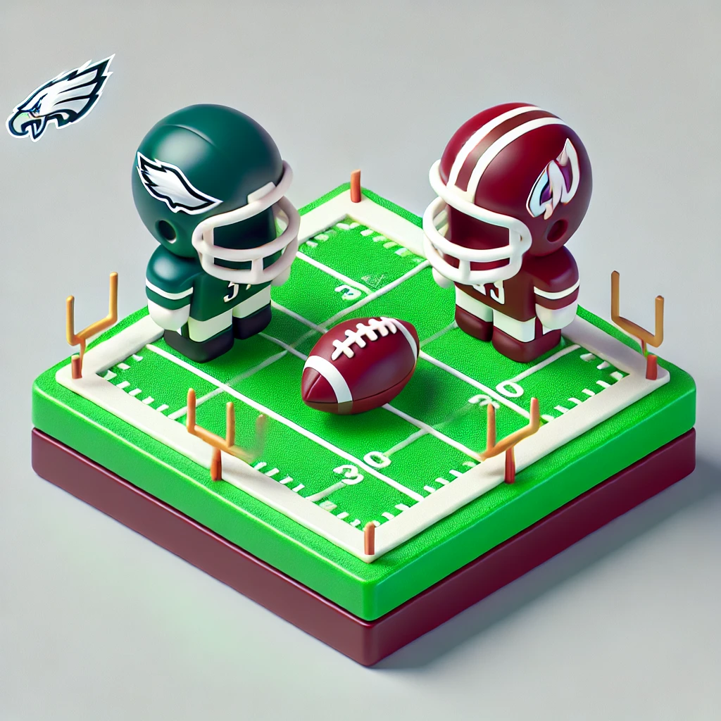 3D miniature style image of a football game featuring symbolic figures for the Philadelphia Eagles and Washington Commanders. The image includes a football field, a green figure for the Eagles, and a burgundy figure for the Commanders with a football in the center, highlighting their rivalry.