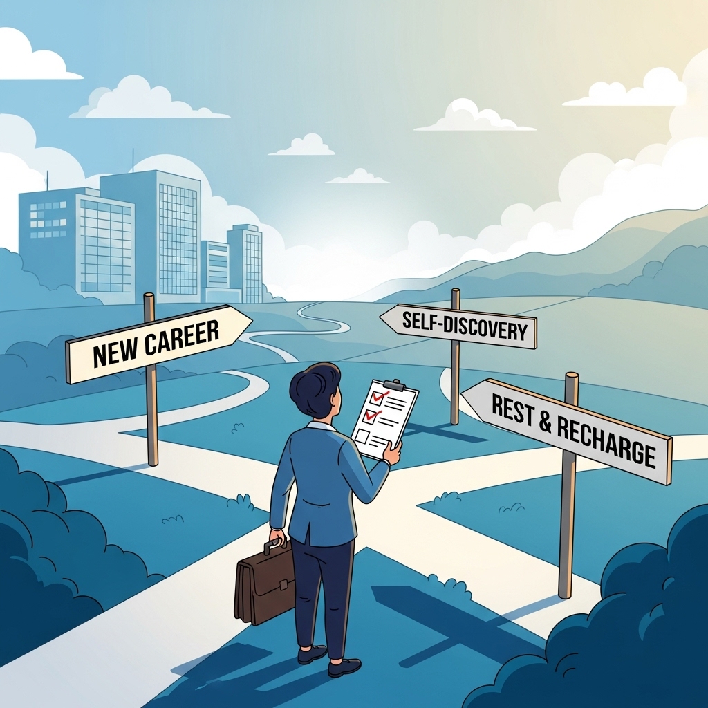 갈림길에서 새로운 길을 자신감 있게 바라보는 사람의 모습. 손에는 퇴사 가이드가 들려 있으며, 새로운 시작을 앞둔 희망찬 분위기를 나타냅니다.