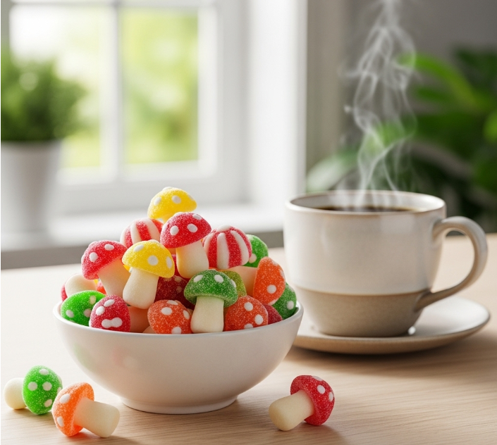 색색의 머쉬룸 구미들이 놓인 예쁜 그릇과 함께 커피잔이 놓여있는 모습. 일상 속에서 간편하게 건강을 챙기는 라이프스타일을 상징한다