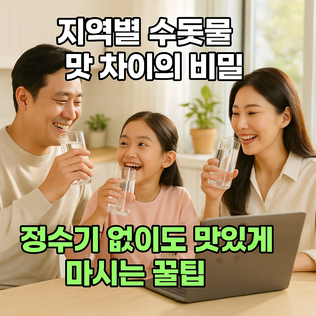함께 수돗물을 마시며 웃는 가족