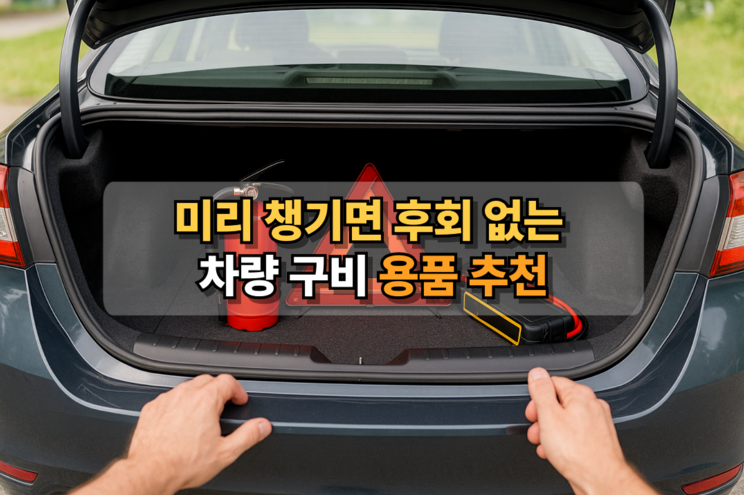 차량 트렁크에 소화기, 삼각대, 점프스타터를 준비하는 모습을 담은 안전용품 추천 썸네일