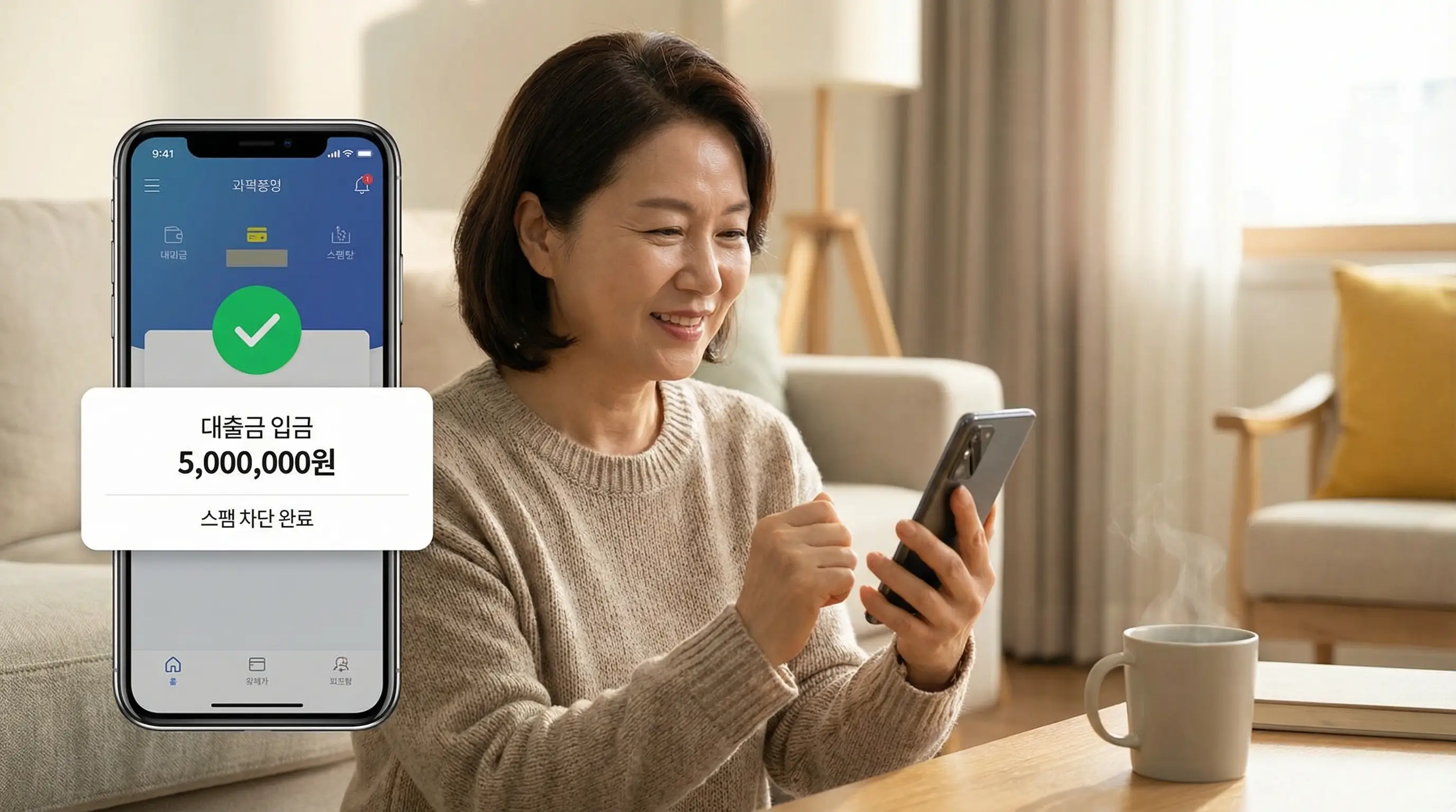 스팸 문자를 차단하고 안전한 금융사 앱으로 대출금을 입금 받아 안도하는 금융 소비자의 모습