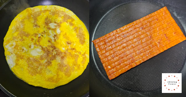 왼쪽은 계란지단 부치는 것, 오른쪽은 햄 굽는 것