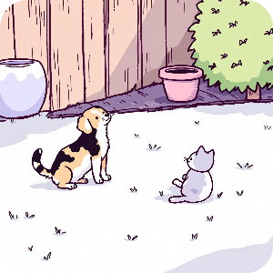 사랑스런 고양이와 강아지가 함께 행복하게 있는 이미지