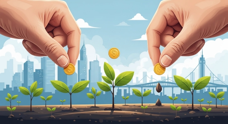 푸른 하늘 아래 손들이 동전 씨앗을 심고, 자라나는 식물과 번성하는 도시를 배경으로 한 금융 성장과 국가 발전을 상징하는 삽화