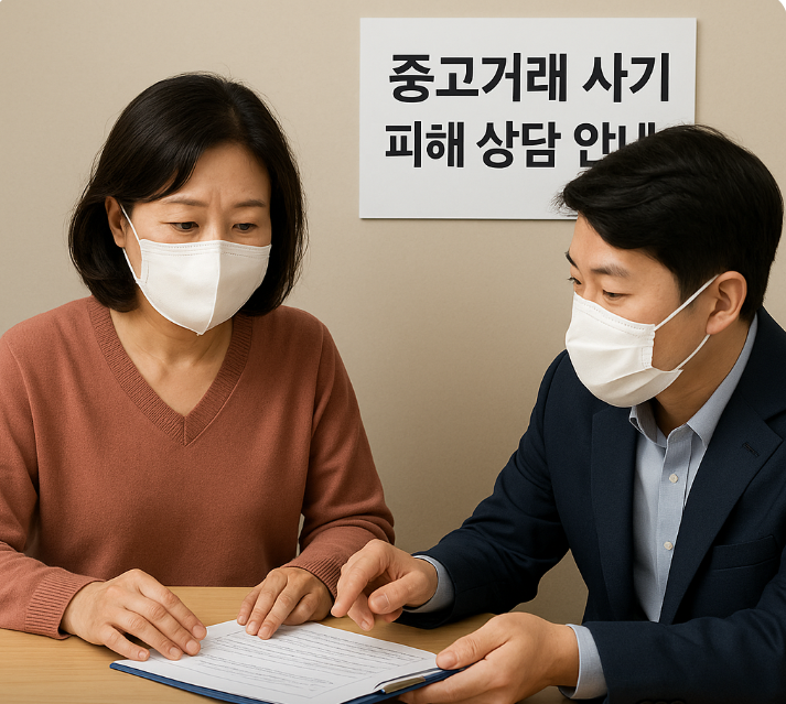 중고거래 사기 피해 상담 안내 문구 앞에서 상담을 받고 있는 마스크 착용 여성과 남성의 모습