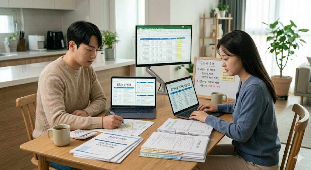 Korean couple comparing central government benefits and local government support programs on laptops and documents at home. Organized desk, financial planning and policy research concept. realistic photo, natural lighting, clean composition, professional lifestyle photography, high-resolution detail, no text, no logos, no watermarks