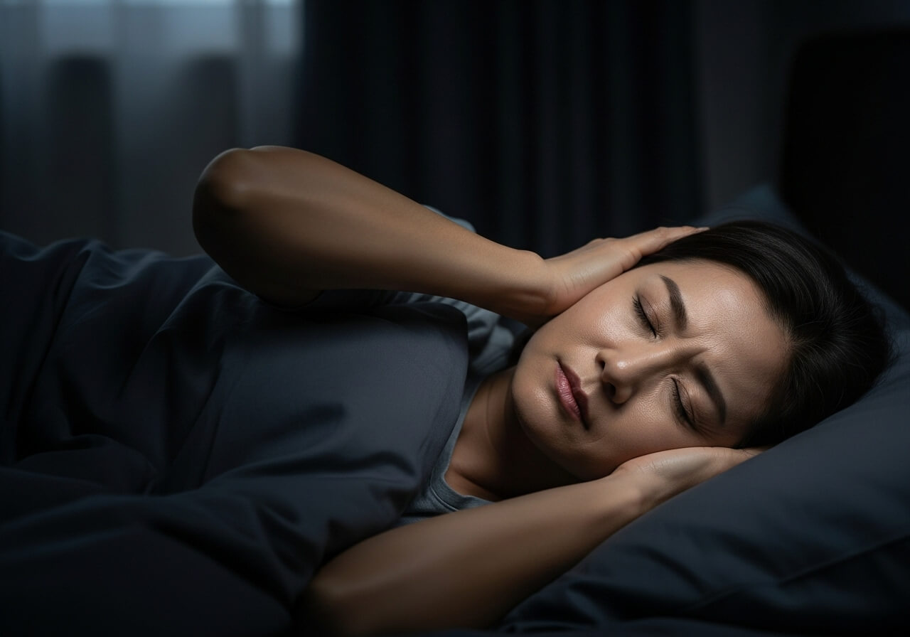 귀울림 때문에 잠을 이루지 못하고 귀를 막고 누워 있는 중년 여성