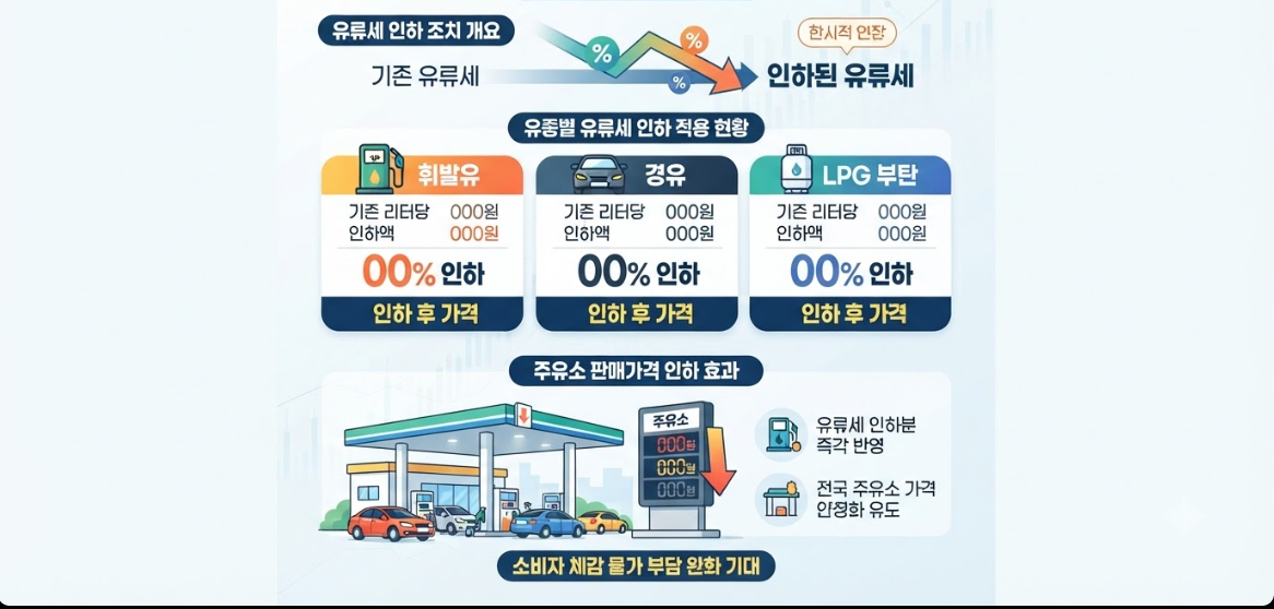 유종별 유류세 인하율 적용 및 주유소 유가 인하 인포그래픽