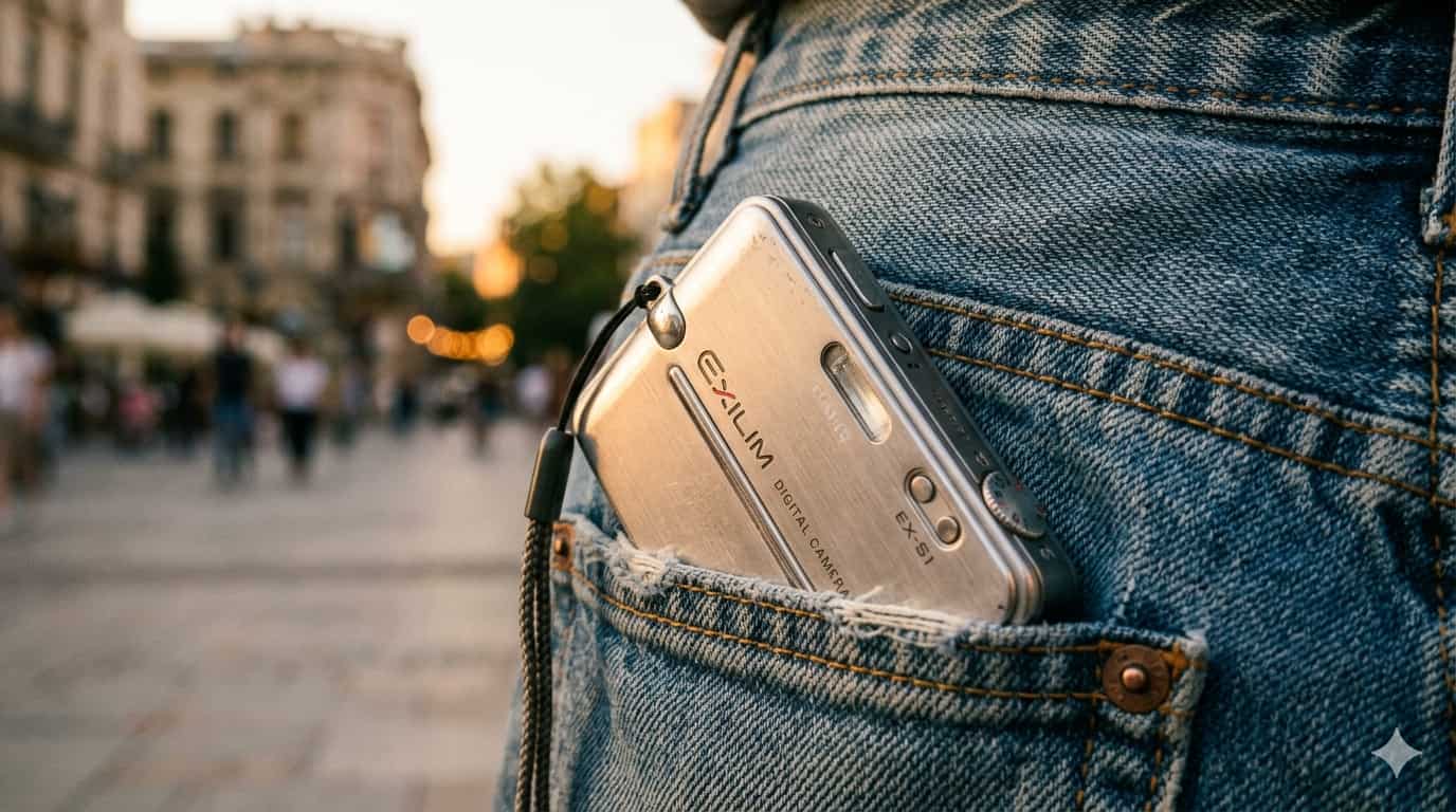 청바지 뒷주머니에 꽂혀 있는 초슬림 실버 메탈 바디의 카시오 엑슬림 빈티지 디카. 슬림한 옆면 디자인과 금속 질감이 강조된 사진.