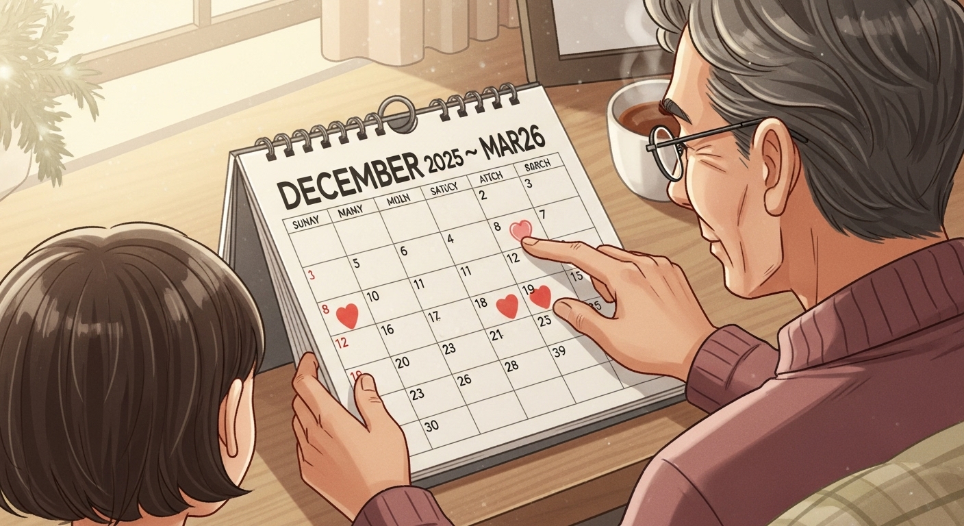 2025년 겨울 난방비 지원 기간을 달력에 표시하며 따뜻한 겨울을 계획하는 가족의 모습.