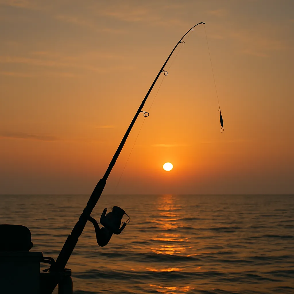 바닷가 일출을 배경으로 한 낚싯대 실루엣