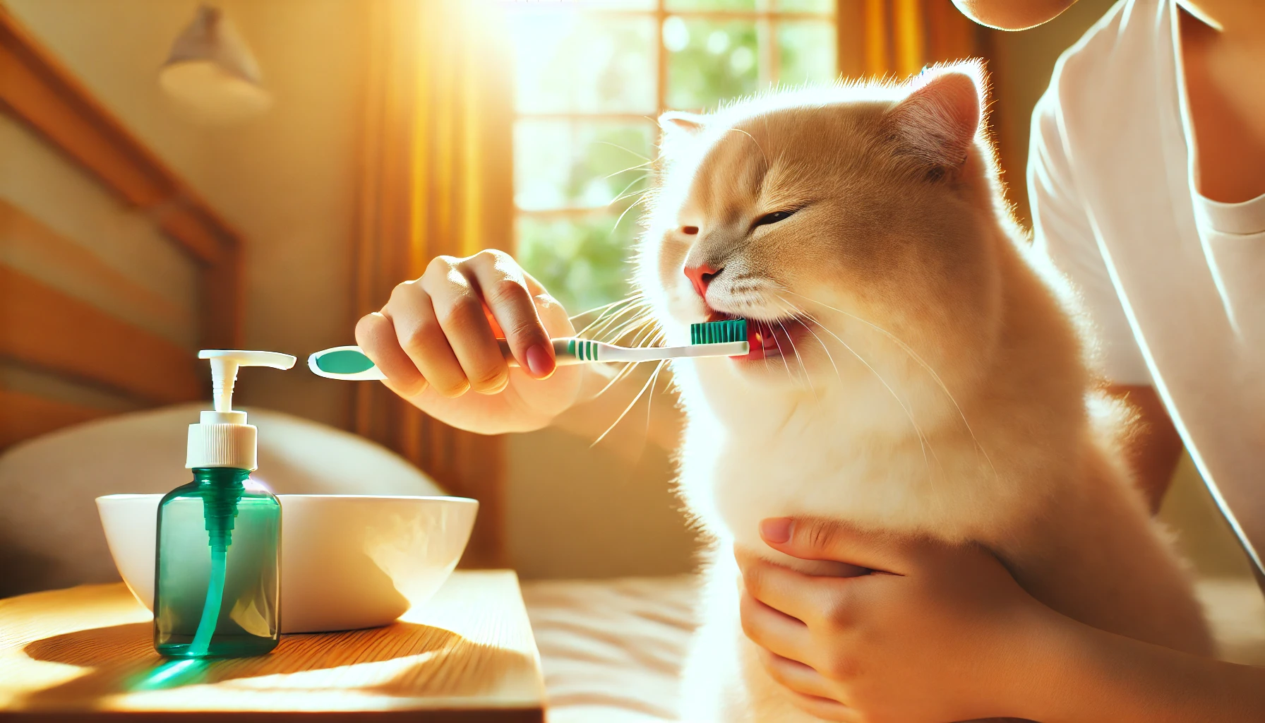 입냄새 관리 중인 반려동물. 보호자가 이를 칫솔로 닦아주거는 모습