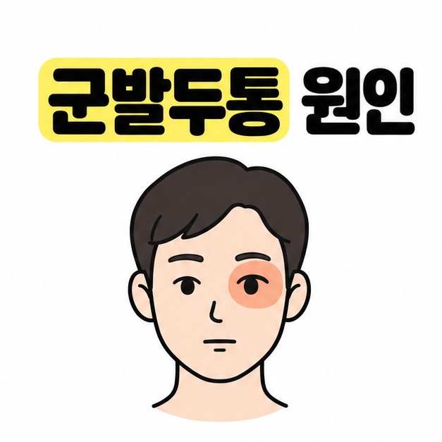 군발두통 원인 제목 아래 차분한 얼굴 그림의 한쪽 눈 주위를 살구색으로 표시한 대표 이미지