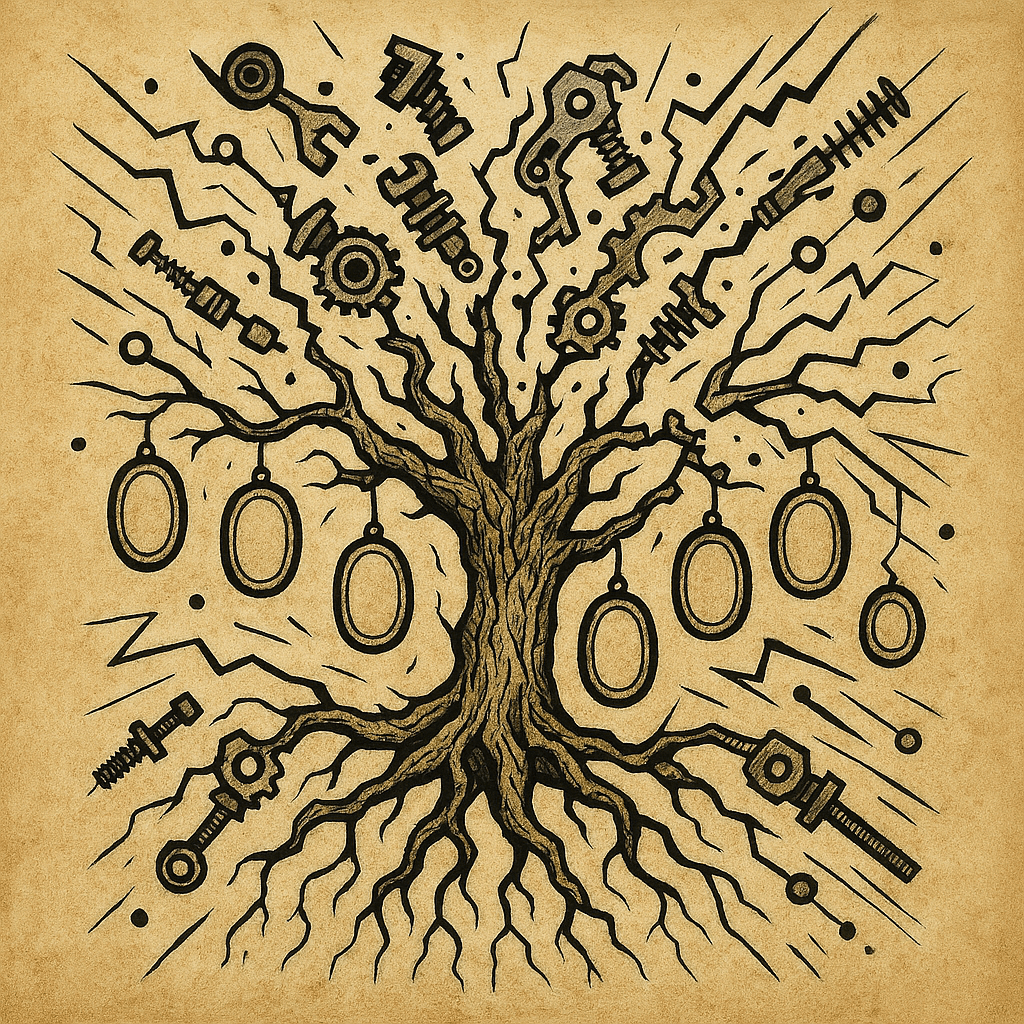해체되는 가계도와 기계적 부품이 결합된 상징 이미지