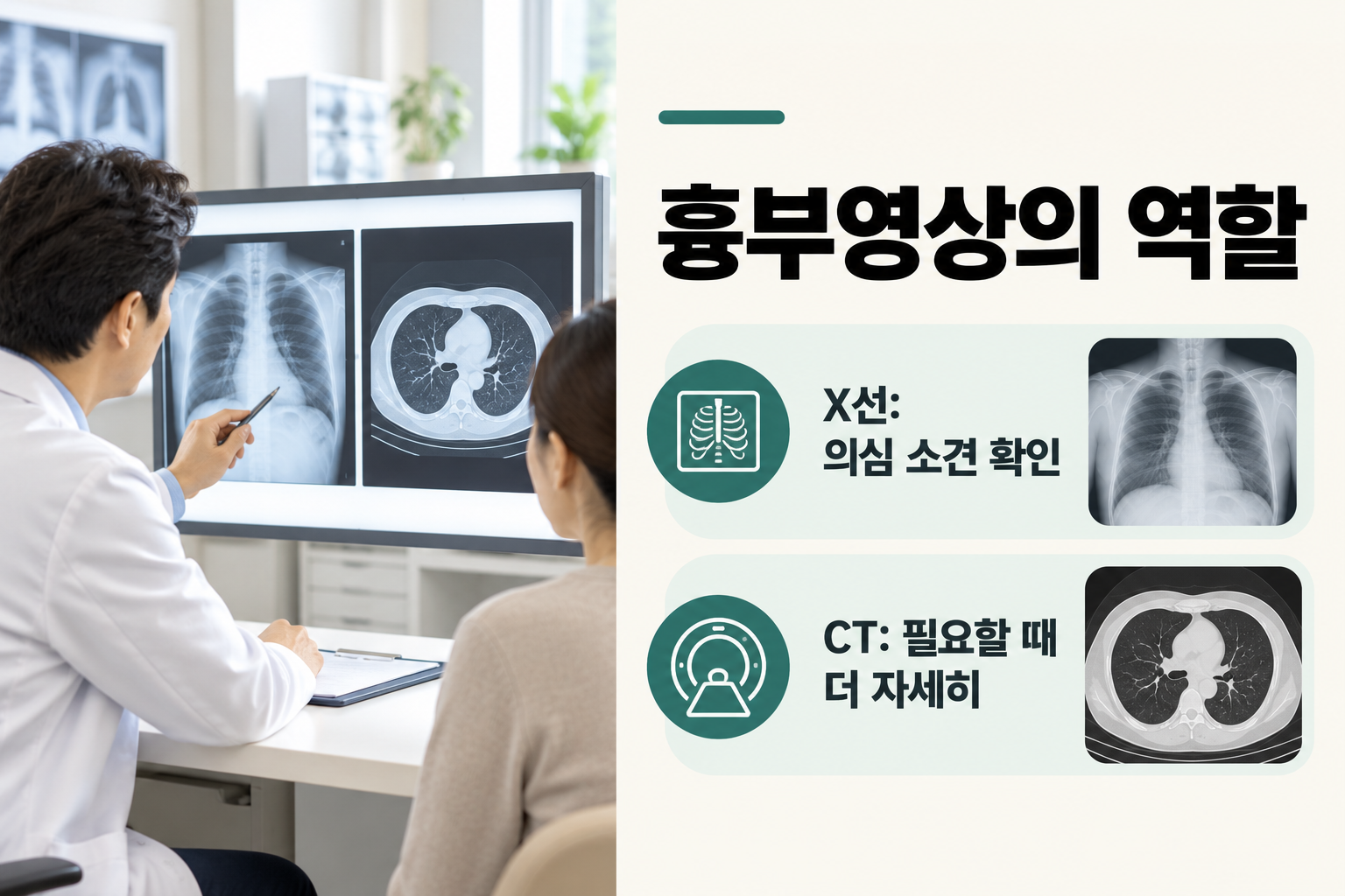 흉부 X선은 의심 병변을 찾고 필요할 때 CT로 더 자세히 확인하는 차이를 설명하는 카드