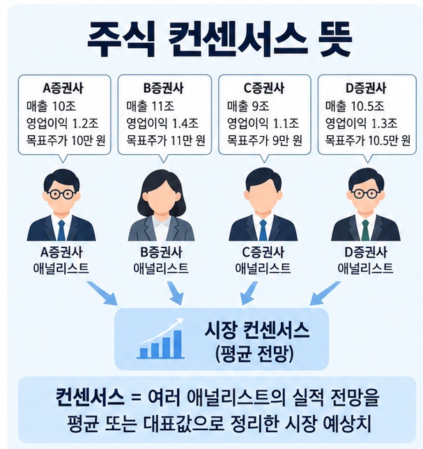 주식 컨센서스 뜻과 매출 영업이익 EPS 목표주가 전망을 설명한 주식 투자 교육 이미지