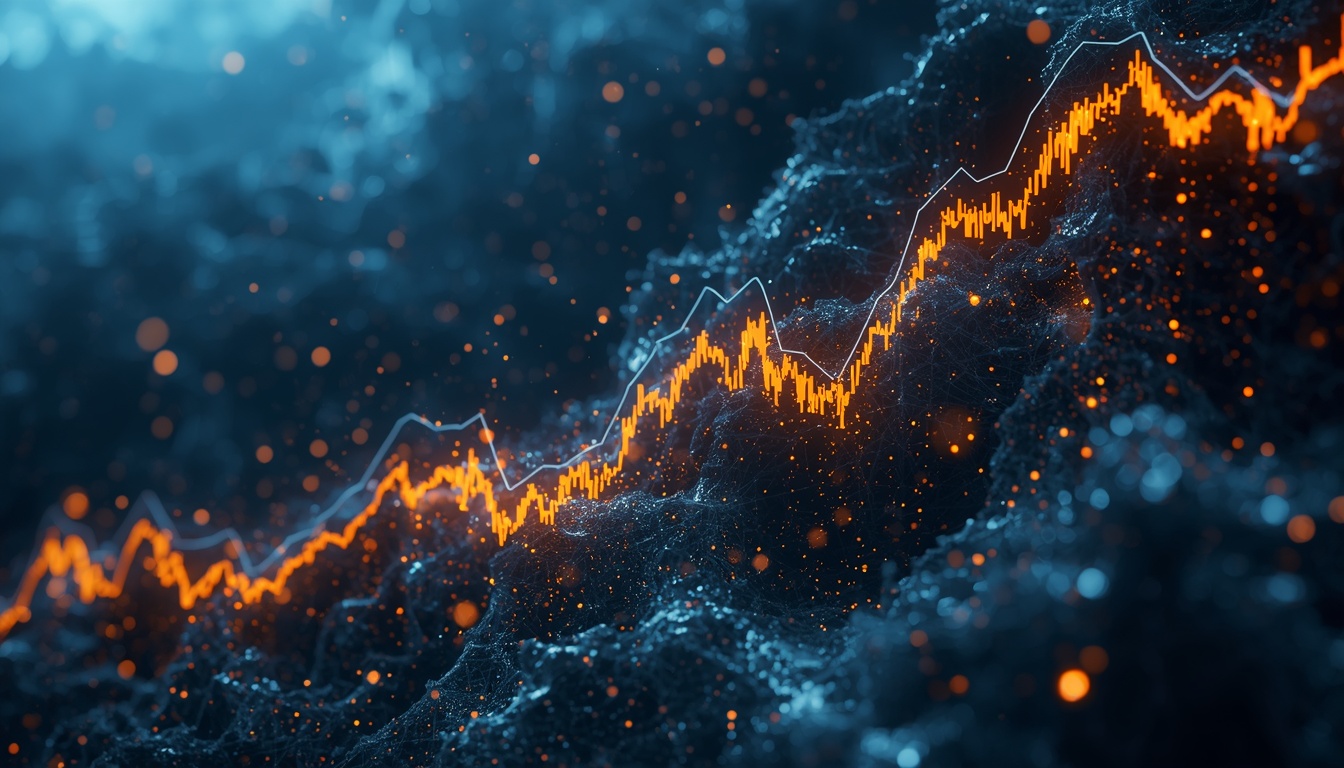 An economic data visualization showing exponential growth curves and institutional market liquidity pipelines.
