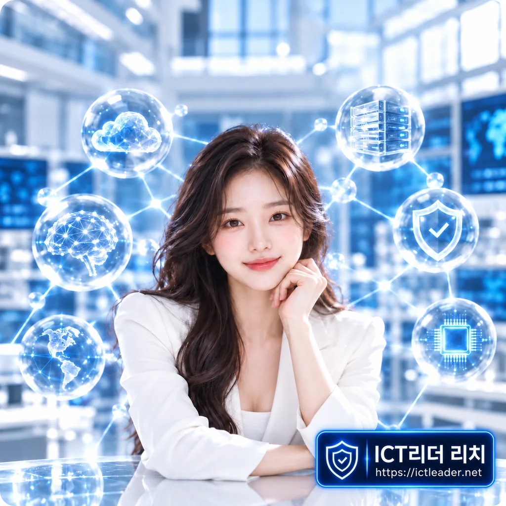 밝은 AI 연구실에서 지식그래프를 상징하는 연결 노드에 둘러싸인 흰색 재킷의 여성 전문가