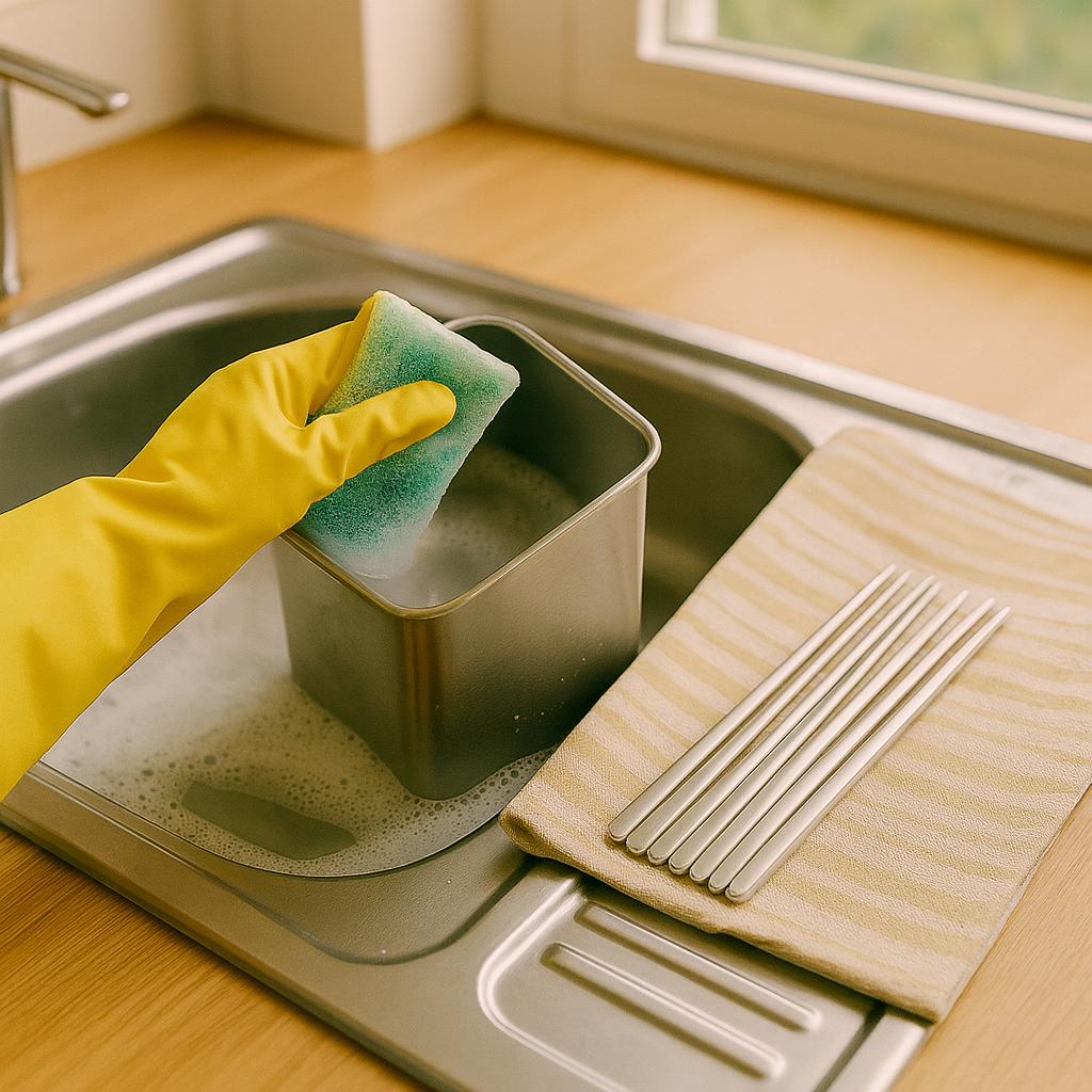 노란 고무장갑을 낀 손이 스펀지로 스테인리스 수저통을 세척하고 있고, 옆에는 세척된 젓가락이 수건 위에 가지런히 놓여 있는 주방 모습
