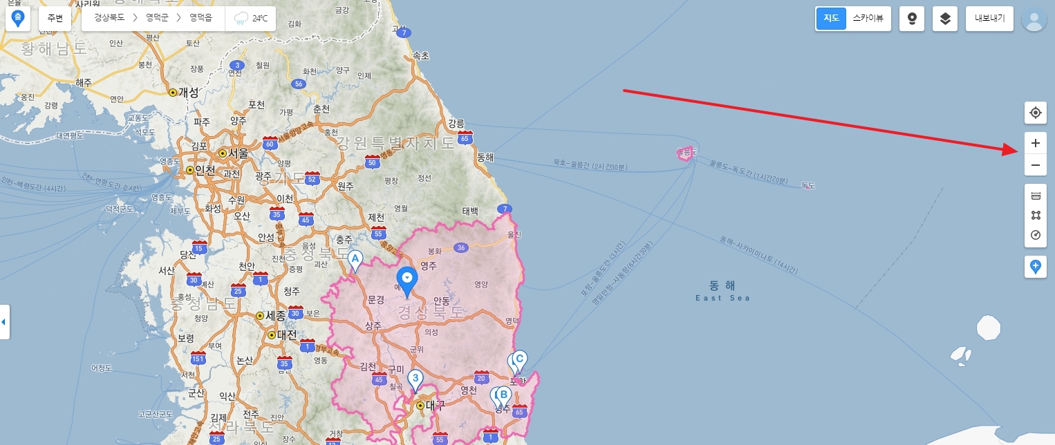 마우스 커서를 올려 지역 세부 정보 확인 및 확대 축소 버튼 조작