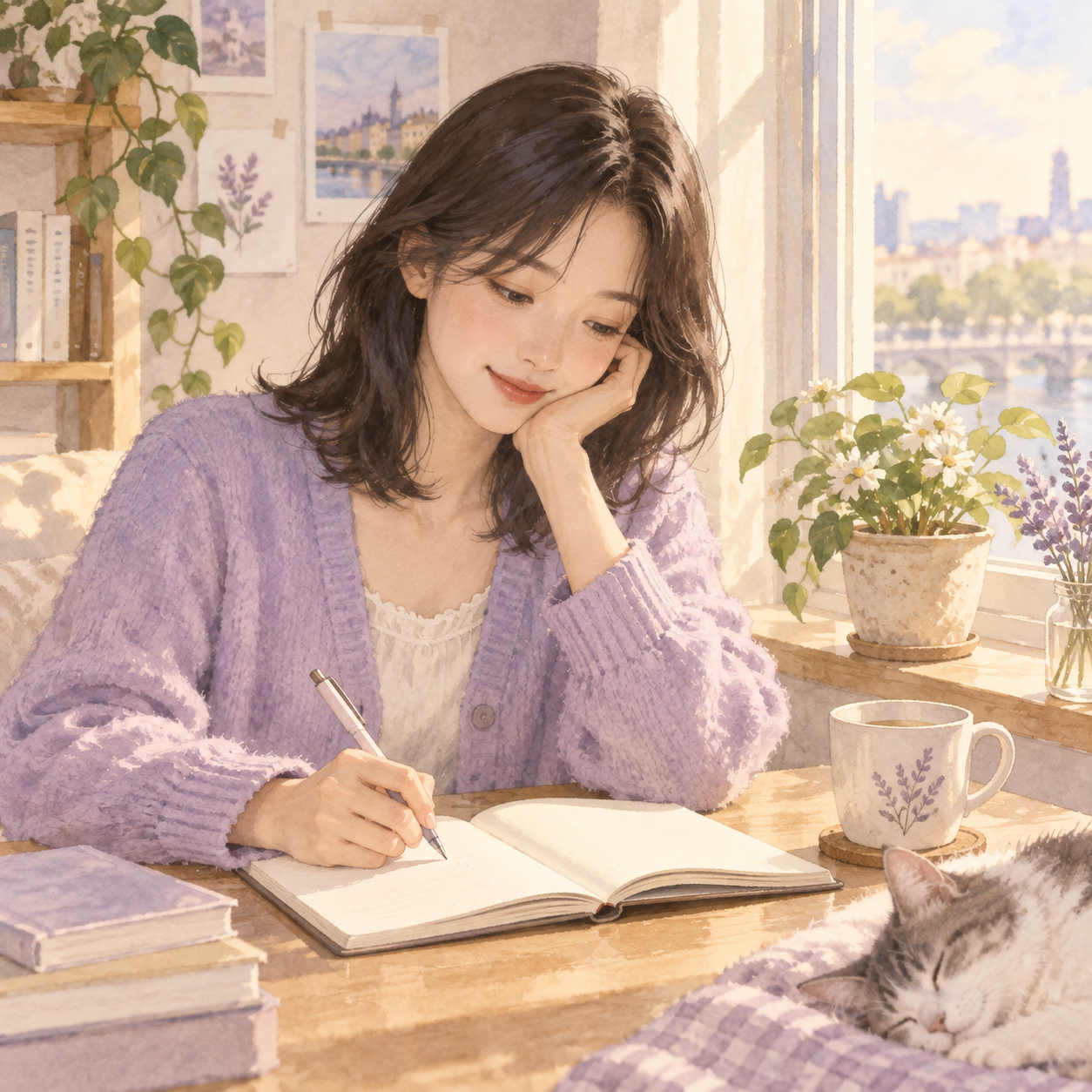 햇빛이 드는 창가에서 일기에 자신의 마음을 적는 지은