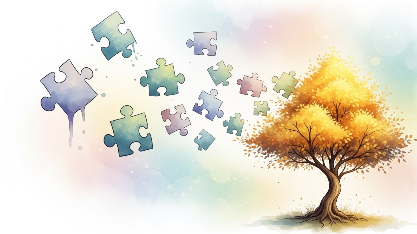 과거의 누락된 기간들이 모여 튼튼한 연금 자산의 나무를 완성하는 과정을 표현한 2D 플랫 벡터 그래픽