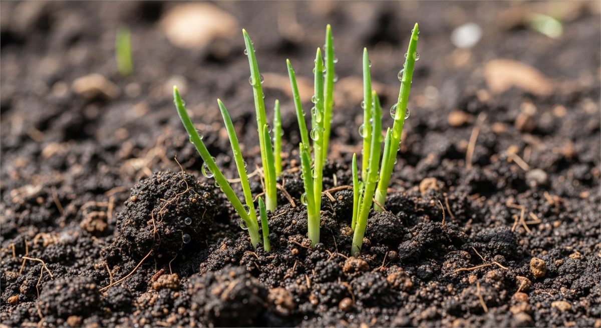 어린 쪽파 새싹 주변 흙에 물기가 적당히 유지된 디테일 장면 