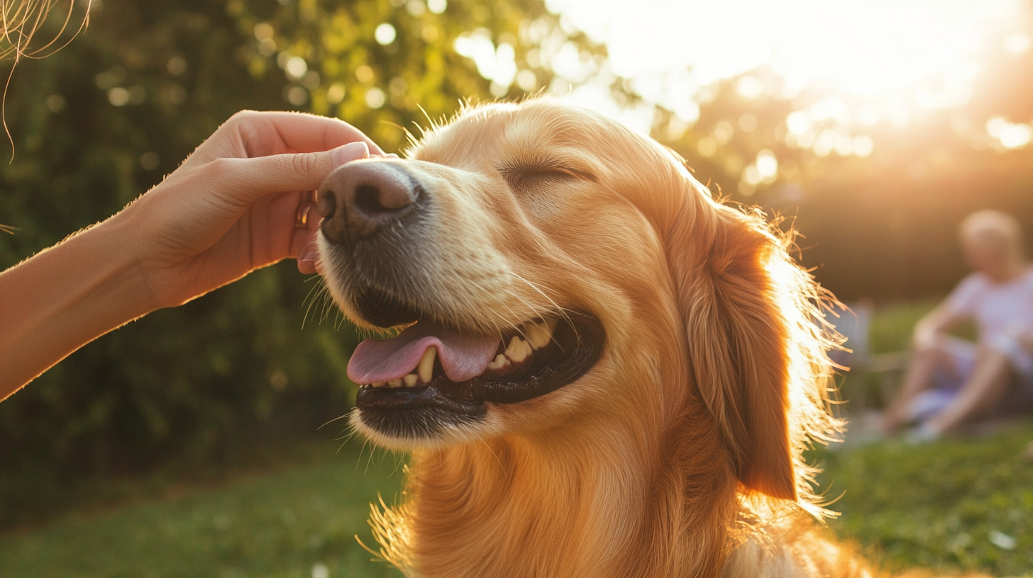 머리를 쓰다듬어 주니 행복해하는 강아지