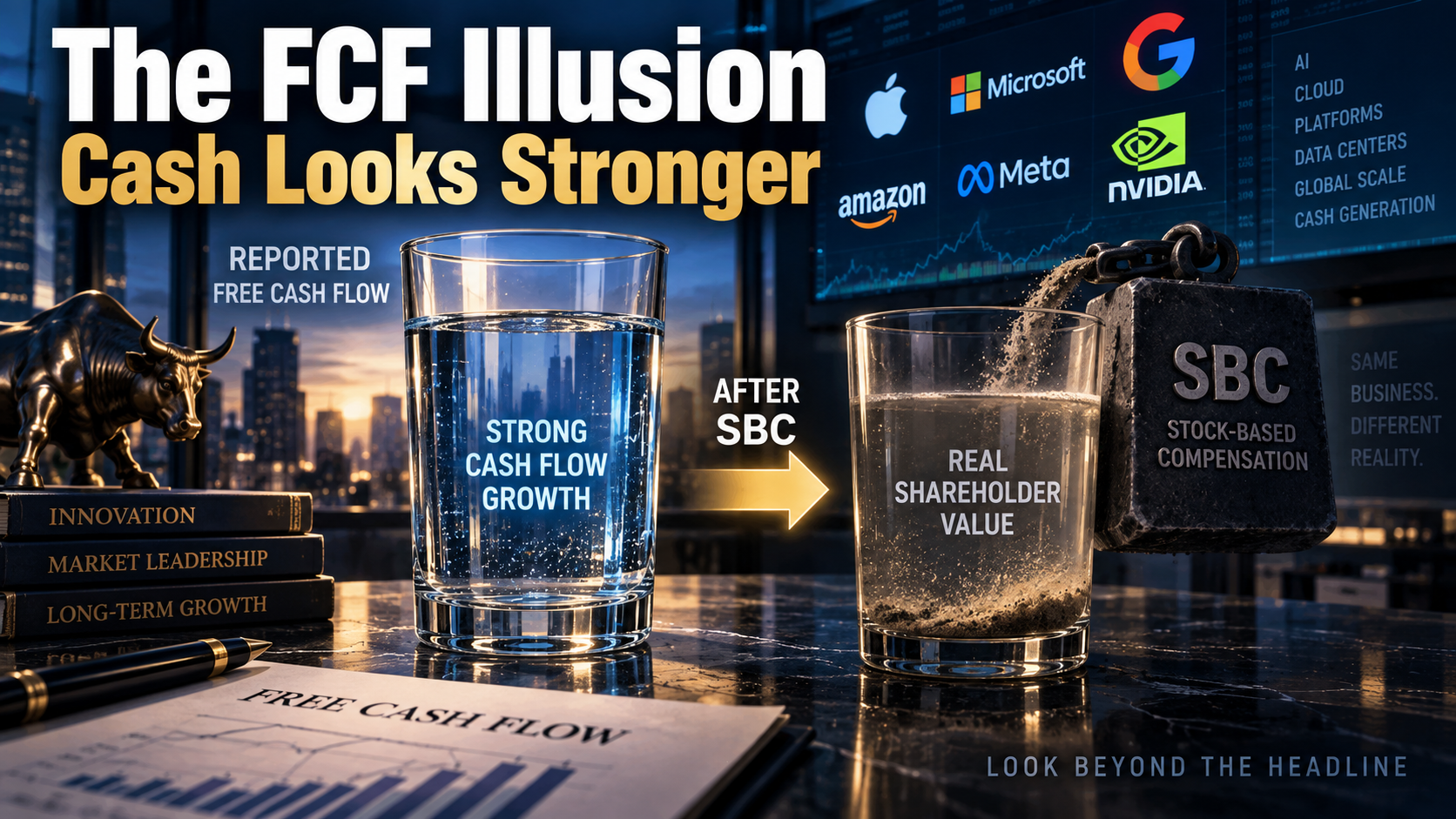 Reported free cash flow versus SBC-adjusted shareholder value showing the FCF illusion