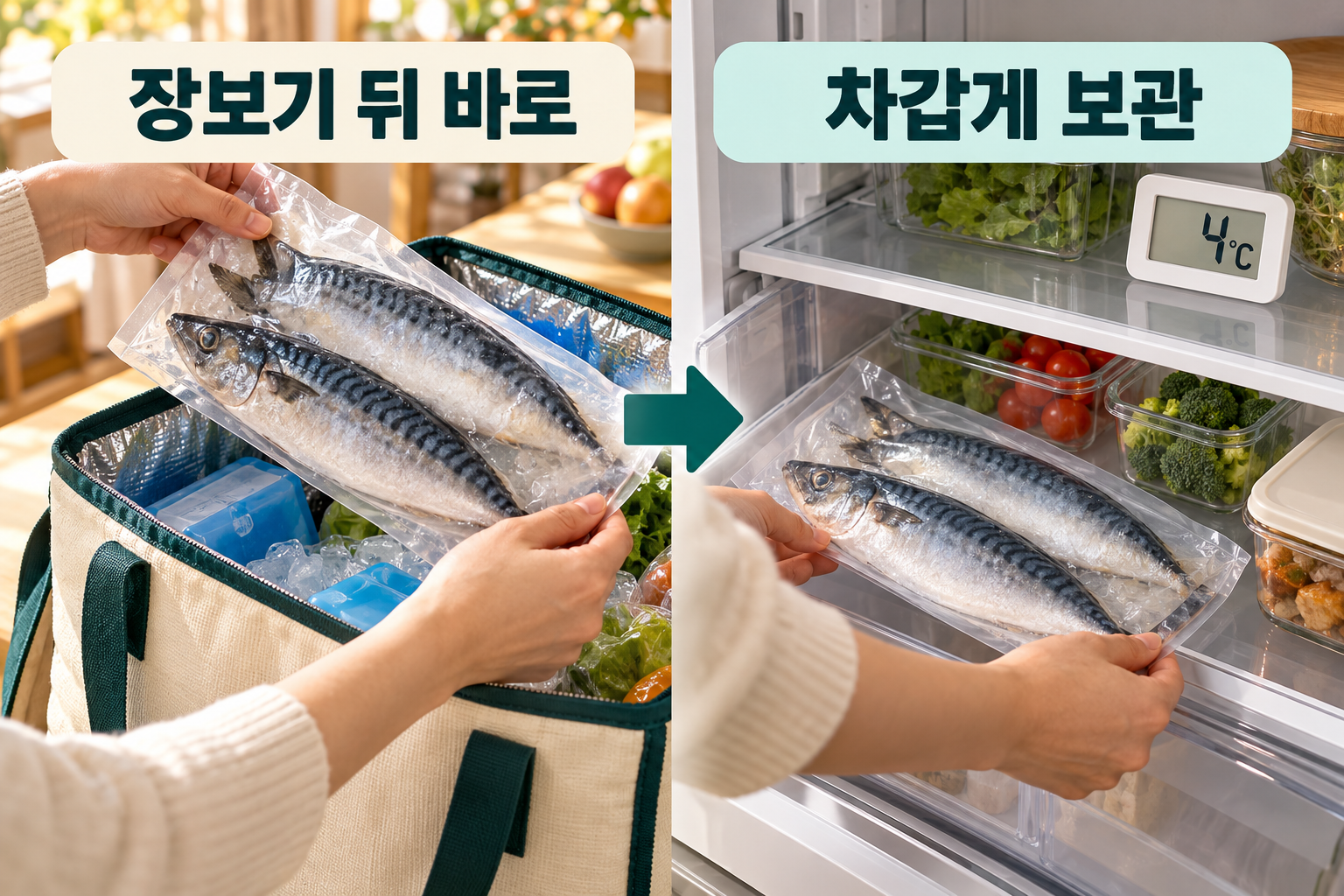보냉가방의 포장 생선을 냉장고 안의 별도 받침으로 옮겨 저온을 유지하는 장면.