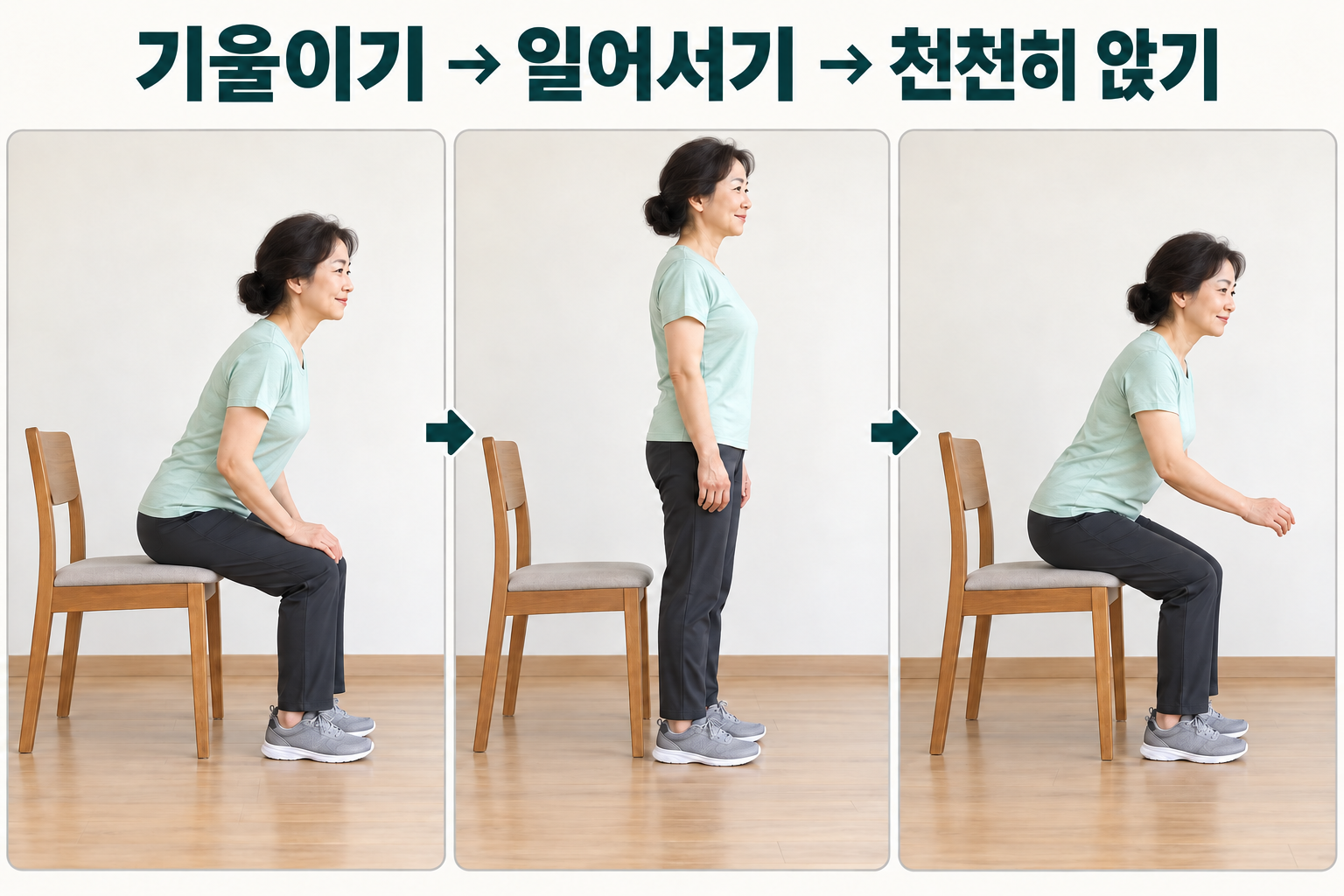 튼튼한 의자에서 상체를 약간 기울인 뒤 일어서고 천천히 앉는 성인의 동작