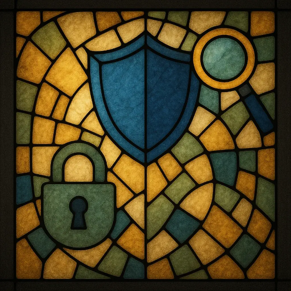 스테인드글라스 스타일로 표현된 보안 자물쇠, 방패, 돋보기 아이콘 이미지