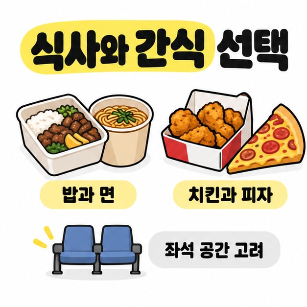 밥과 면, 치킨과 피자 그림을 나란히 놓고 식사와 간식 선택 시 좌석 공간을 고려하도록 설명한 이미지