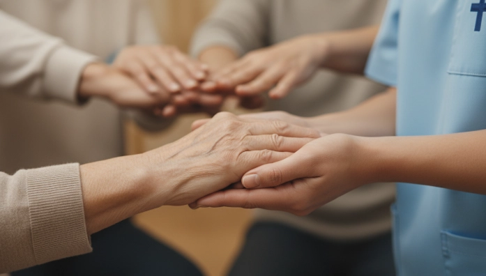 노인의 손을 잡고 있는 돌봄 전문가의 손. 지역사회가 함께 돌본다는 의미를 상징합니다.