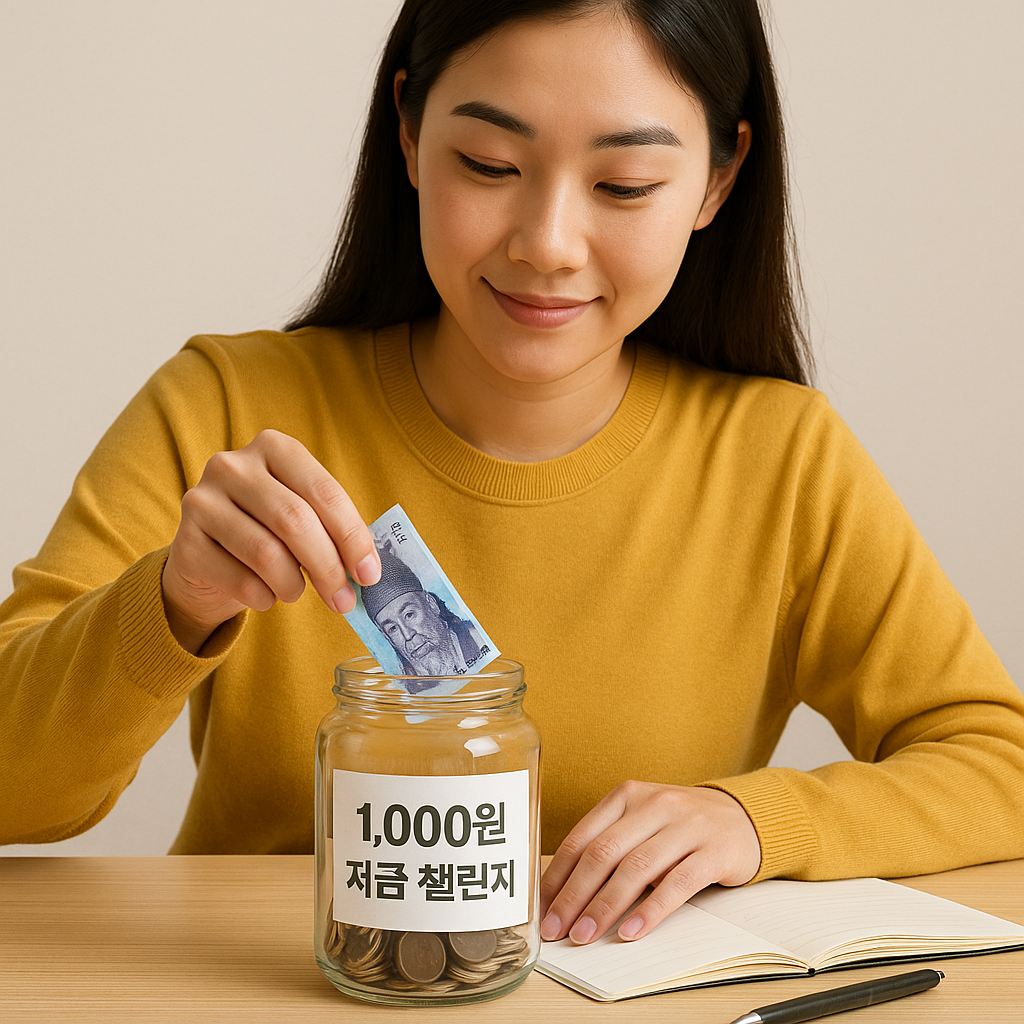 하루 1&amp;#44;000원 저금 챌린지 실천하는 여성 