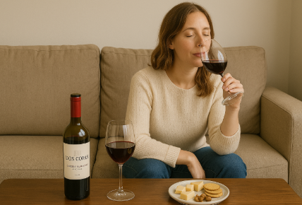 소파에 편안하게 앉아 도스 코파스 와인을 음미하는 모습, 커피 테이블에는 와인병, 와인잔, 그리고 간단한 치즈와 크래커 플레이트가 보임