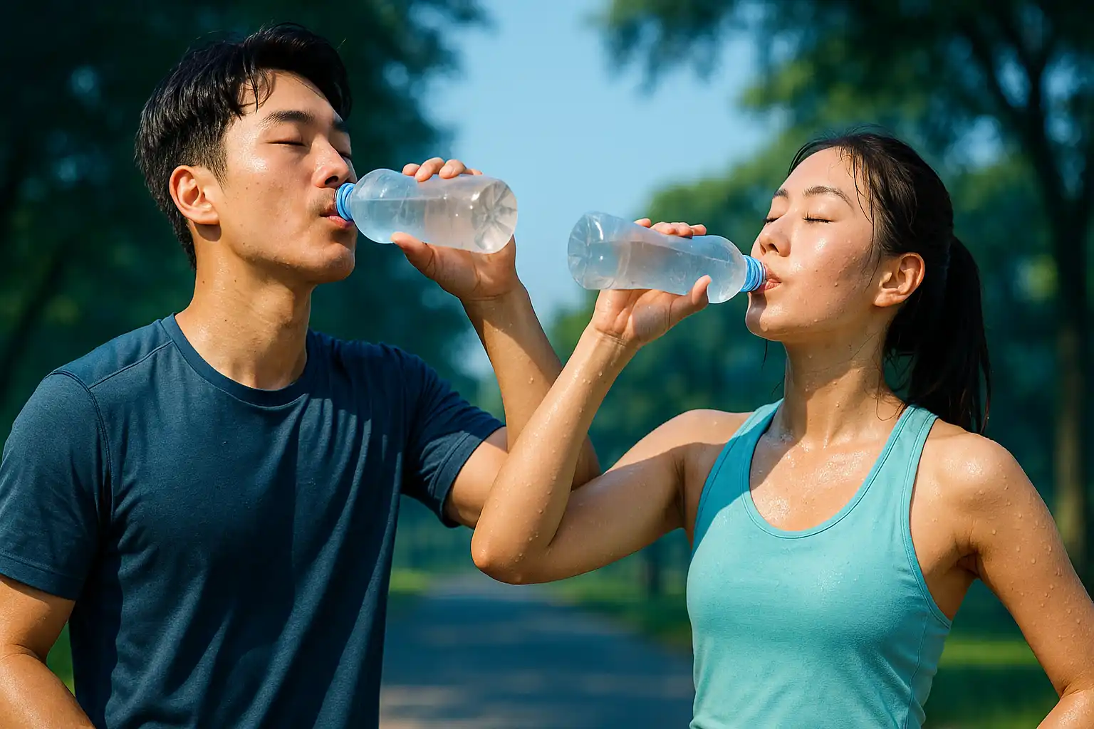 운동 후 수분 섭취하는 청년 커플