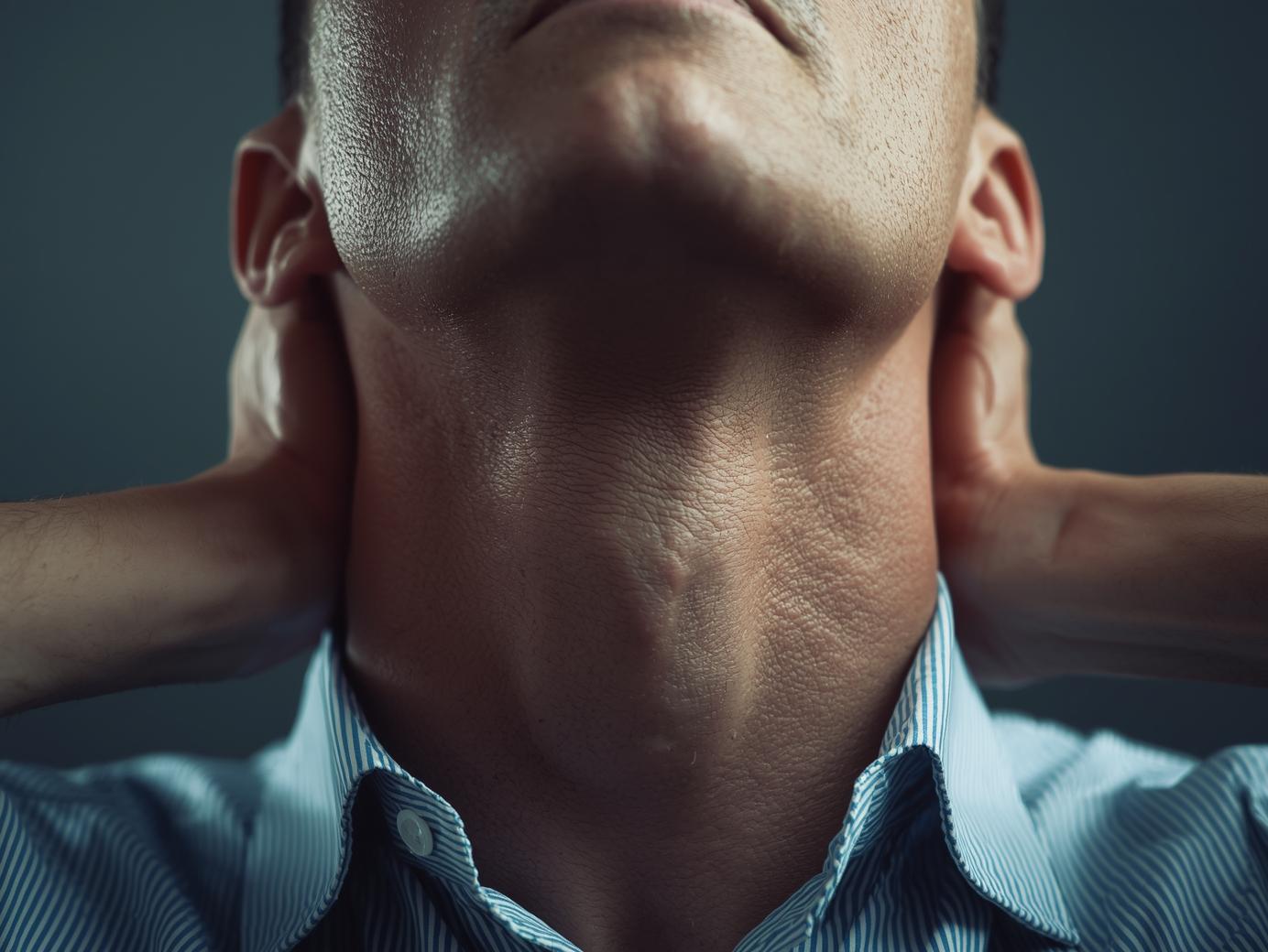 거북목 스트레칭을 위해 목을 잡고 움직이는 모습