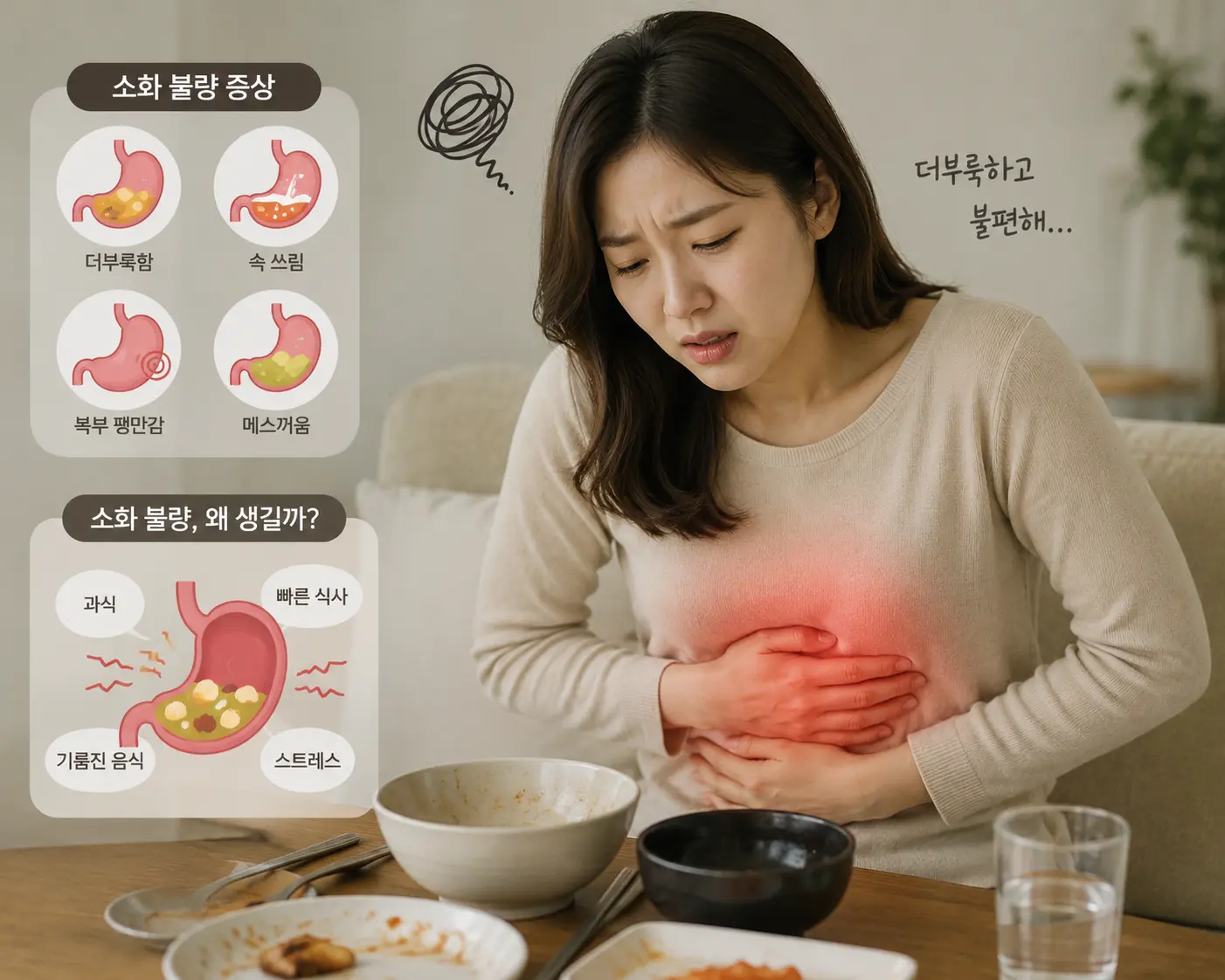 빠른 식사 후 소화 불량을 느끼는 모습, 위장 부담