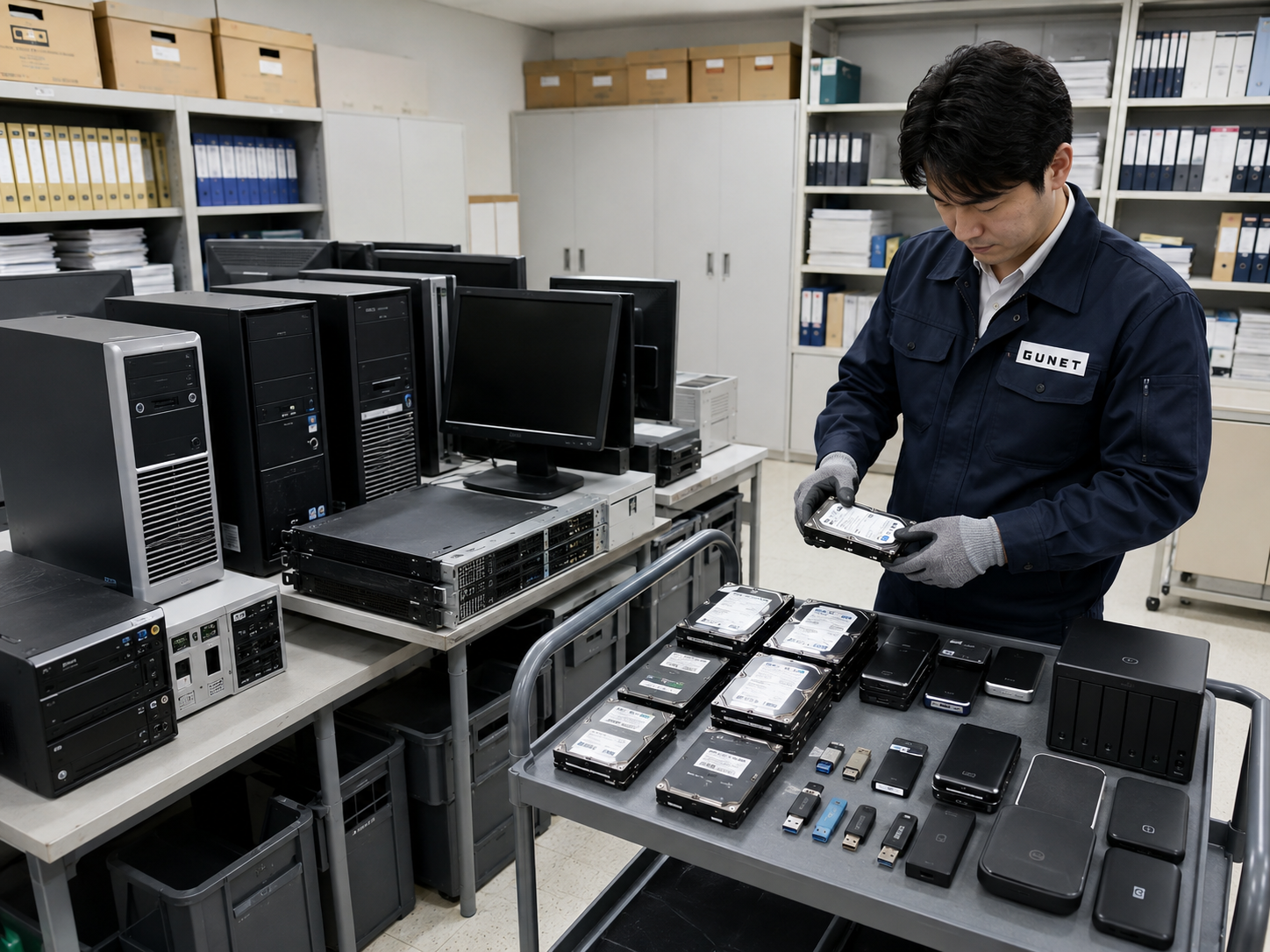 관공서 불용장비 정리 현장에서 PC 본체와 HDD SSD 저장매체를 따로 구분하는 데이터파기 준비 장면