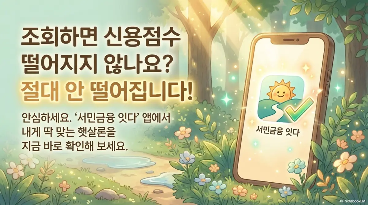 햇살론 대출: 환한 숲을 배경으로 서민금융 잇다 앱 화면과 초록 체크 표시가 뜬 스마트폰 일러스트. 가조회를 해도 신용점수가 떨어지지 않으니 안심하고 잇다 앱에서 내게 맞는 햇살론을 지금 바로 확인하라는 안내를 시각적으로 전달하며, 블로그의 햇살론 신청·조회 방법 주제와 관련된 내용을 설명함
