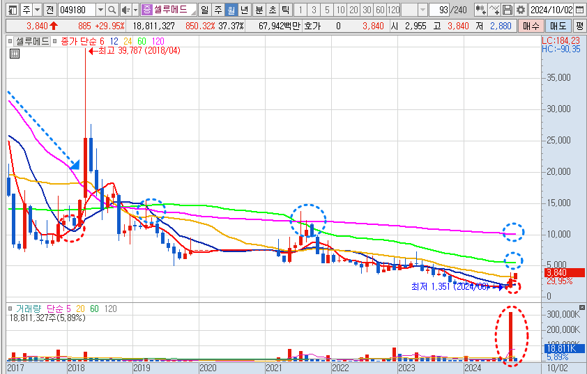 셀루메드 월봉 차트 분석