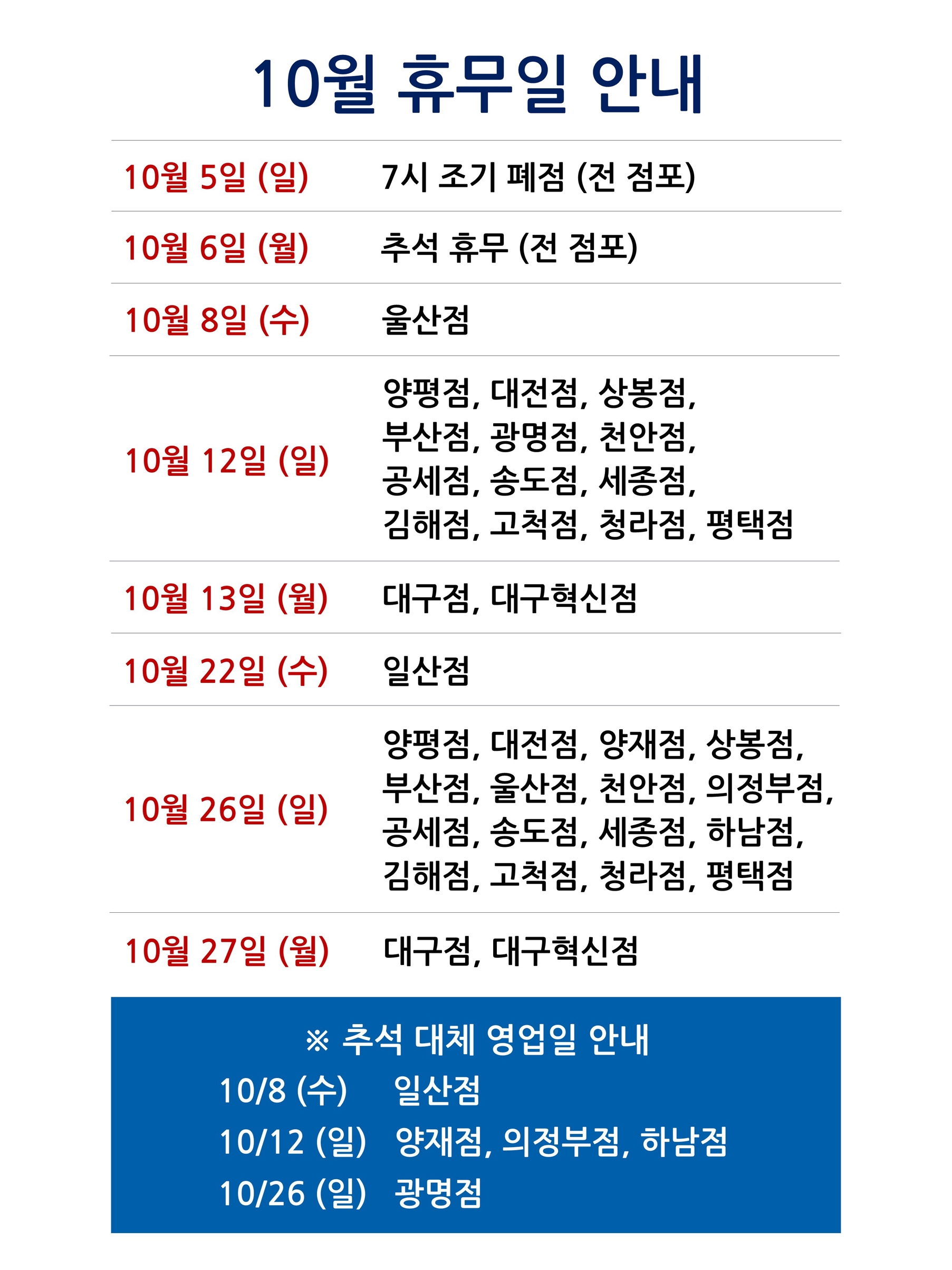 2025년 10월 코스트코 휴무일 안내