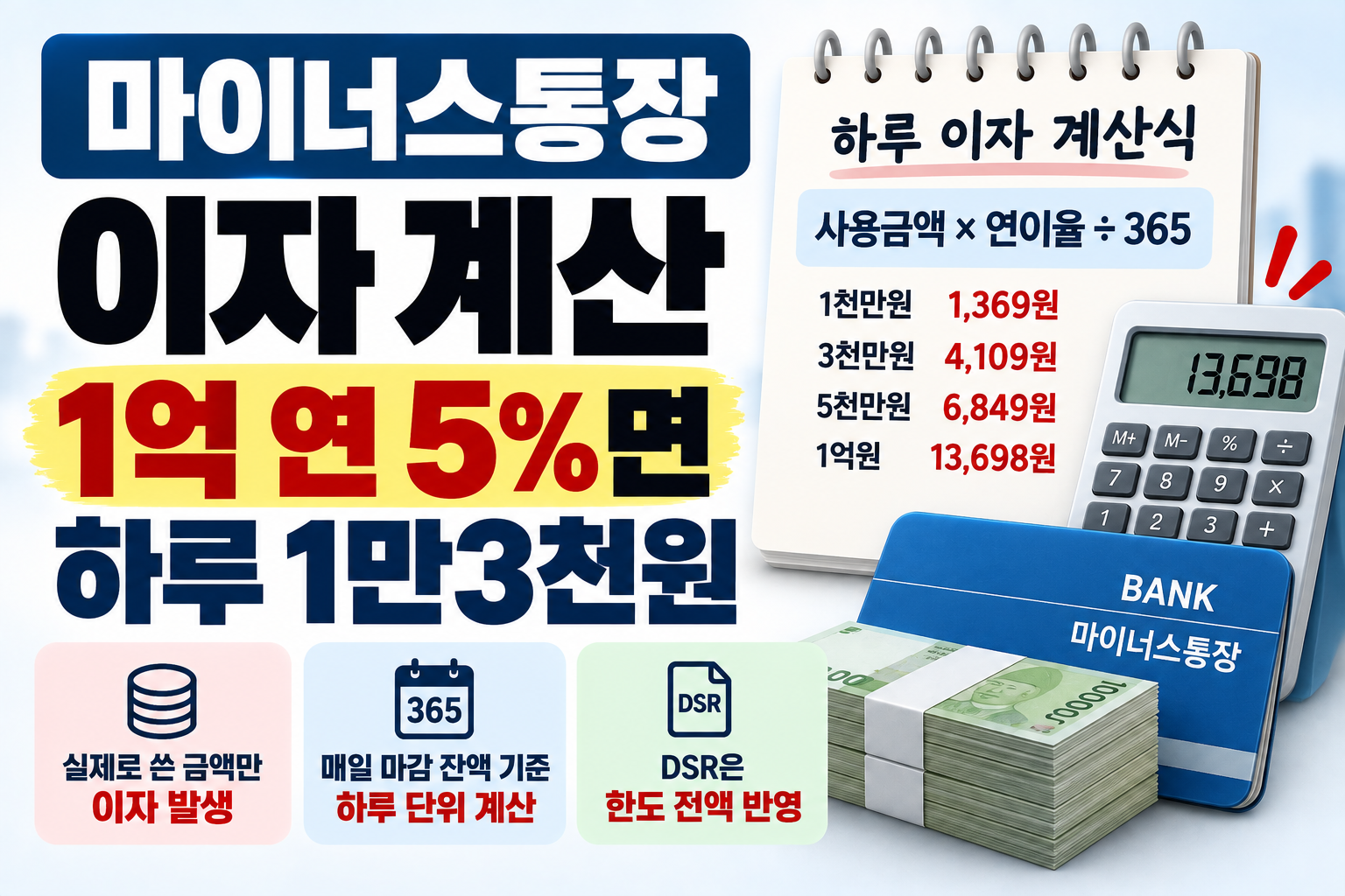 마이너스통장 이자 계산, 1억 연 5%면 하루 1만3천원