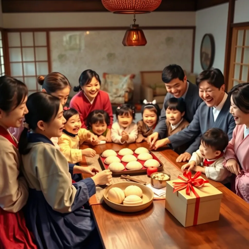 대가족이 한복을 입고 둥글게 모여 송편을 빚거나 차례상을 준비하는 정겨운 모습입니다. 아이들은 즐겁게 놀고, 어른들은 서로를 보며 웃는 가운데, 테이블 한쪽에는 지원금을 상징하는 작은 선물 상자나 봉투가 은은하게 놓여있어 온정을 더합니다.