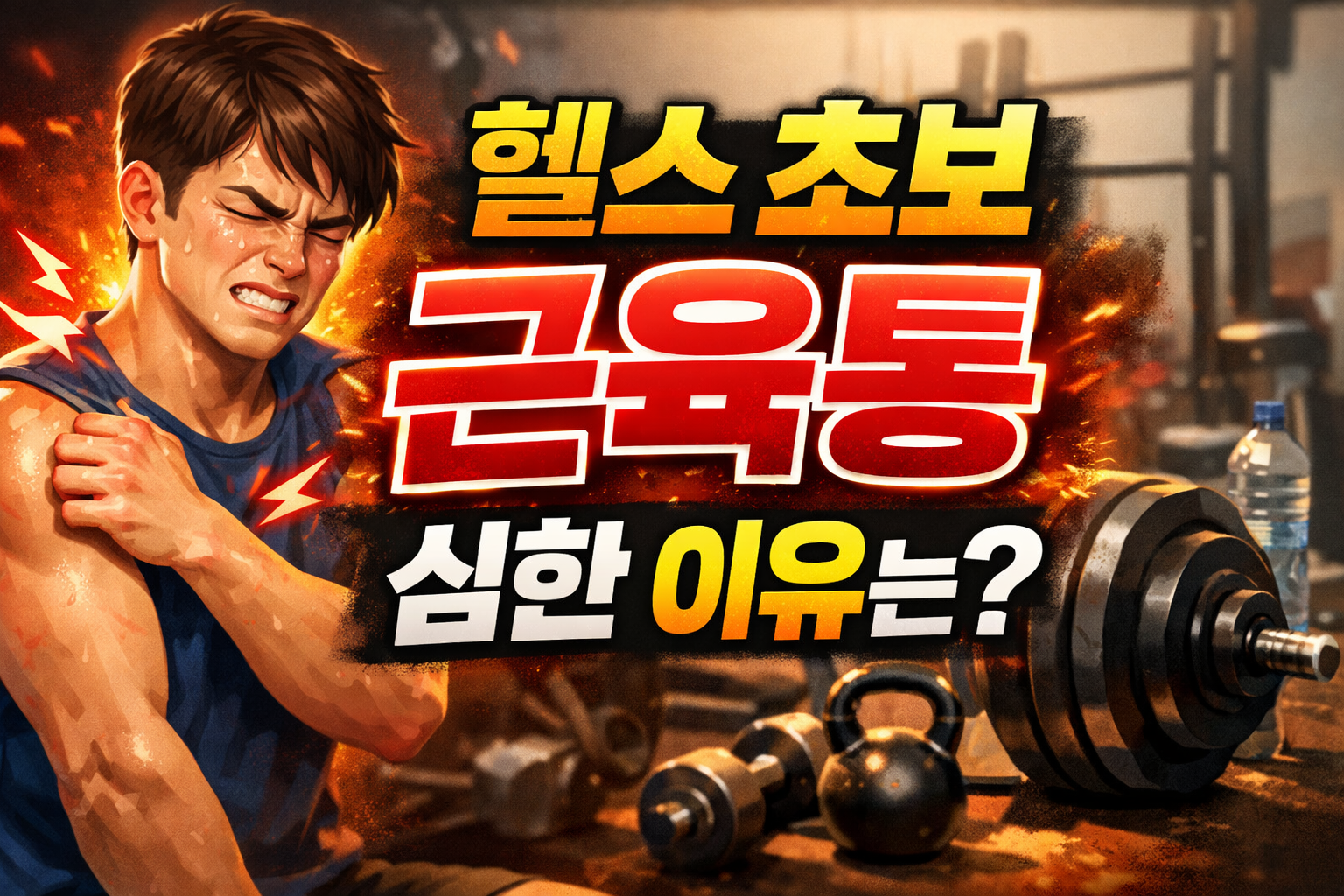 헬스 초보가 웨이트트레이닝 후 어깨와 팔 근육통을 느끼는 모습, 운동 초반 근육통 심한 이유 설명 이미지