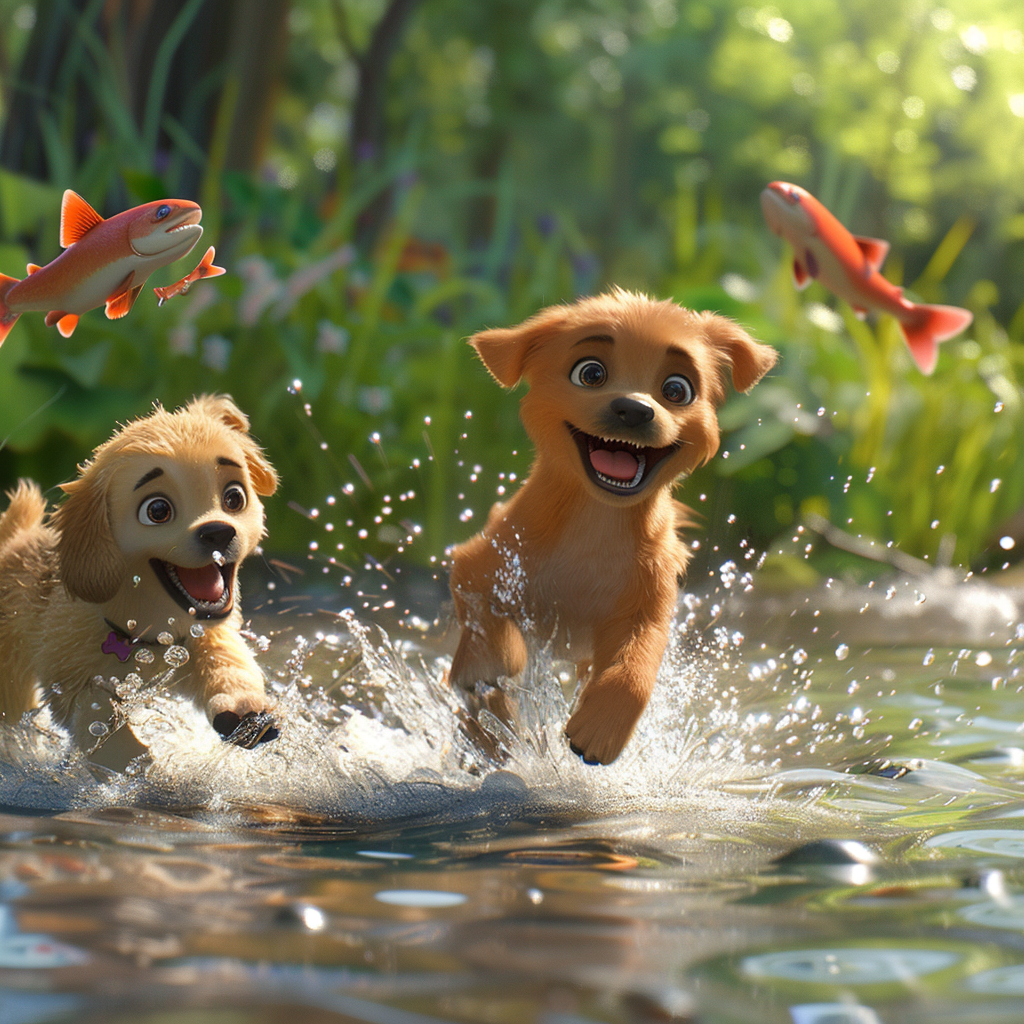 연어랑 뛰노는 강아지들, 픽사형 일러스트