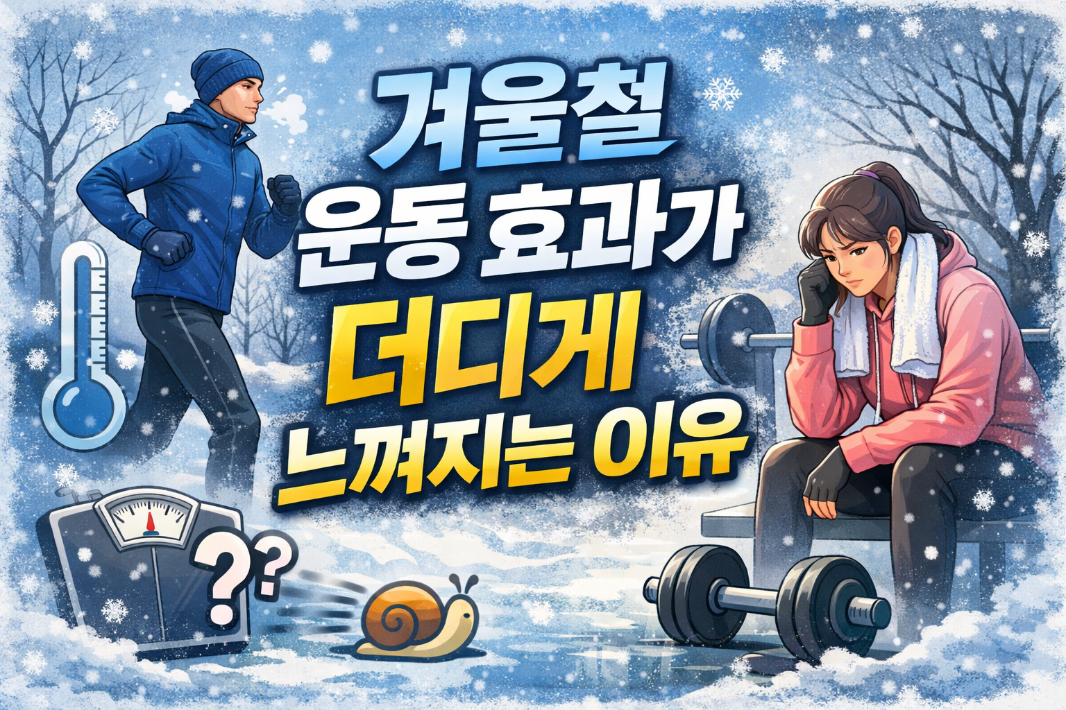 겨울철 운동 효과가 더디게 느껴지는 이유를 달리기와 근력 운동 장면으로 표현한 일러스트 이미지